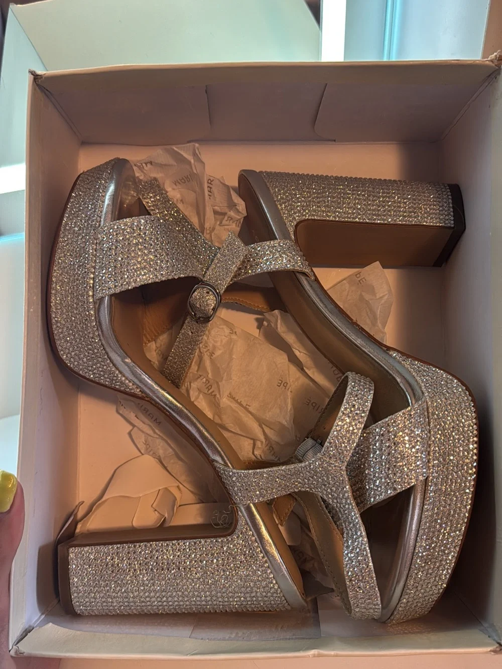 Silver Crystal Platform Block Heel Sandals - Women's